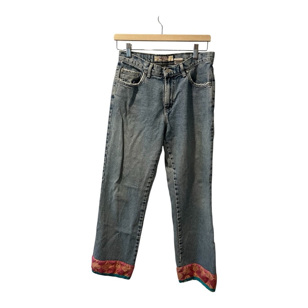 Vintage Paris Blues Blue Straight Leg Jeans with Colorful Bohemian Fabric Hem